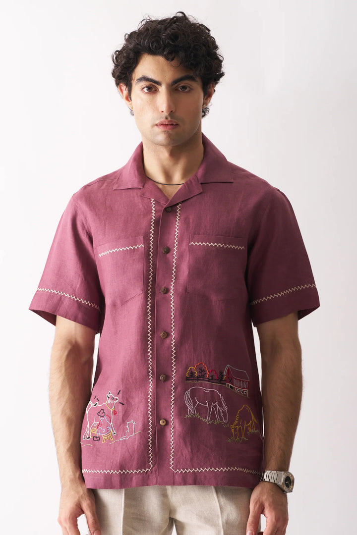 Cowboy’s Courtyard Pure Linen Shirt – Rustic Handcrafted Embroidery