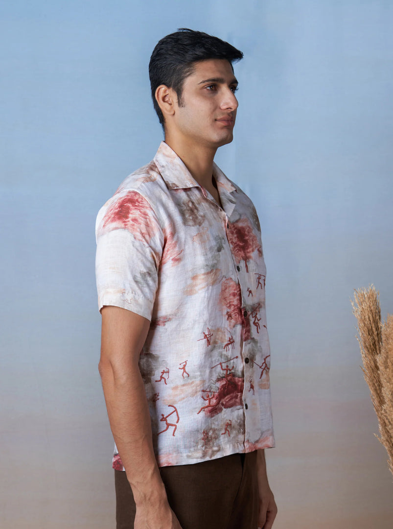 Ancient Hunt - Hand Embroidered Unisex Printed Linen Shirt