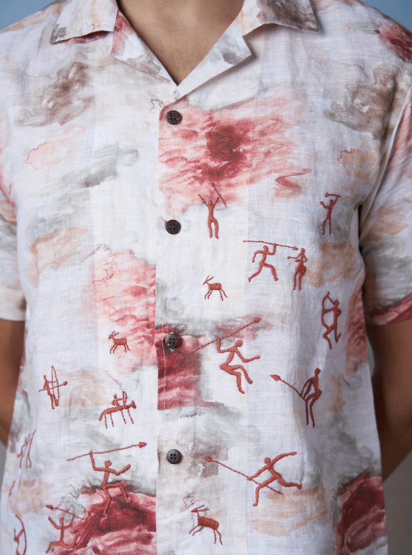 Ancient Hunt - Hand Embroidered Unisex Printed Linen Shirt