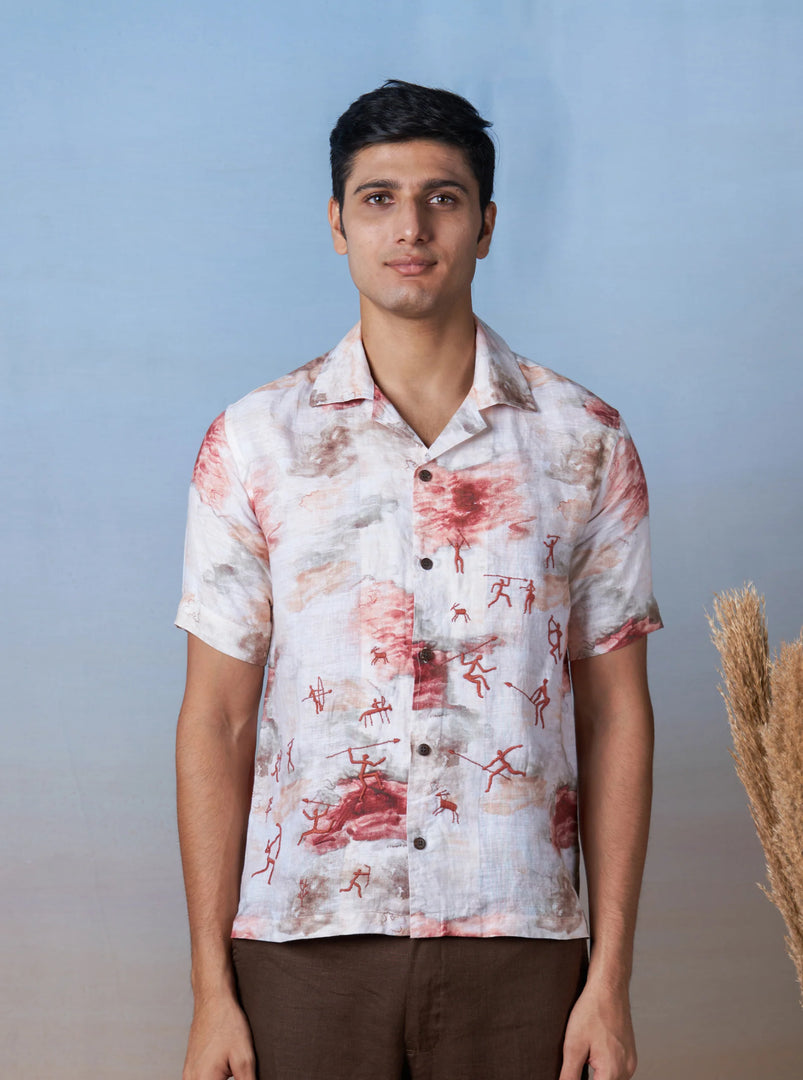 Ancient Hunt - Hand Embroidered Unisex Printed Linen Shirt