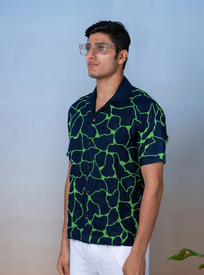Emerald Wave - Hand Embroidered Unisex Linen Shirt