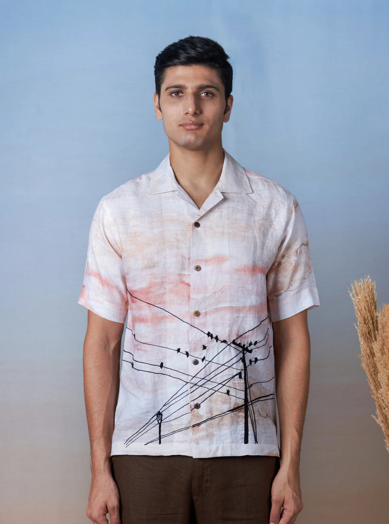 Evening Chorus - Hand Embroidered Unisex Printed Linen Shirt
