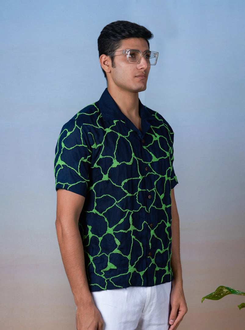 Emerald Wave - Hand Embroidered Unisex Linen Shirt