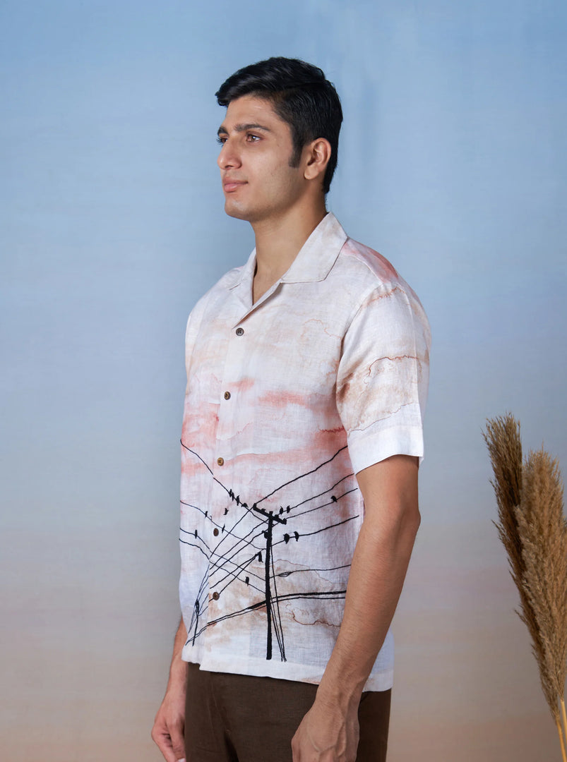 Evening Chorus - Hand Embroidered Unisex Printed Linen Shirt