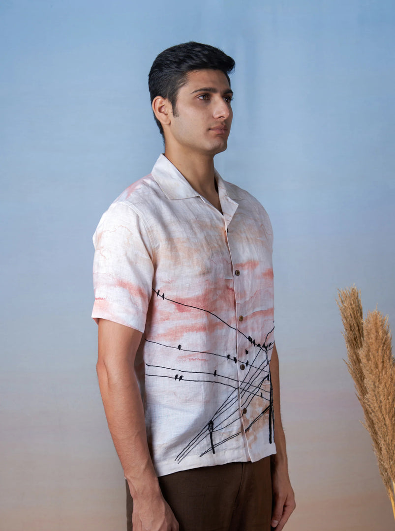 Evening Chorus - Hand Embroidered Unisex Printed Linen Shirt