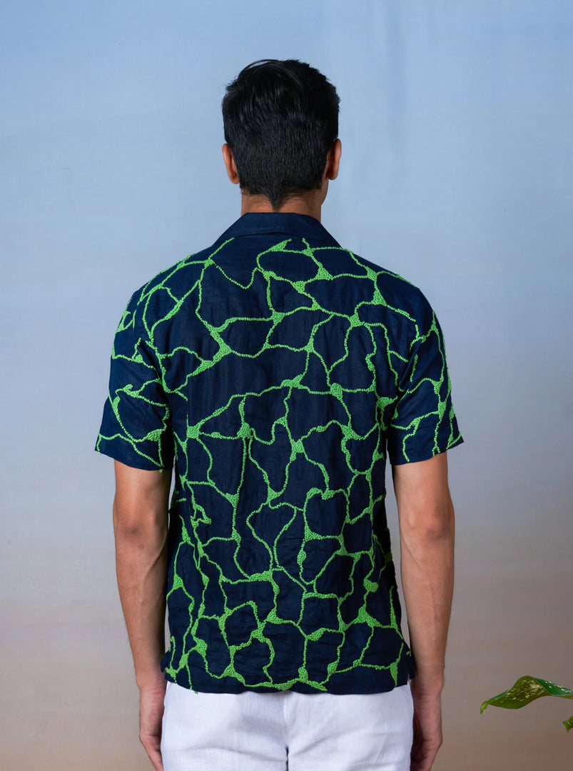 Emerald Wave - Hand Embroidered Unisex Linen Shirt