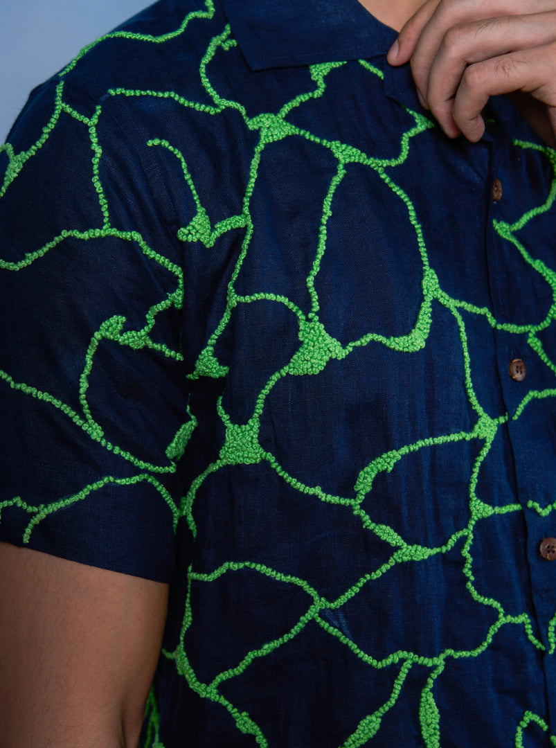 Emerald Wave - Hand Embroidered Unisex Linen Shirt
