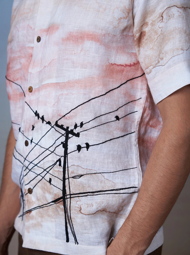 Evening Chorus - Hand Embroidered Unisex Printed Linen Shirt