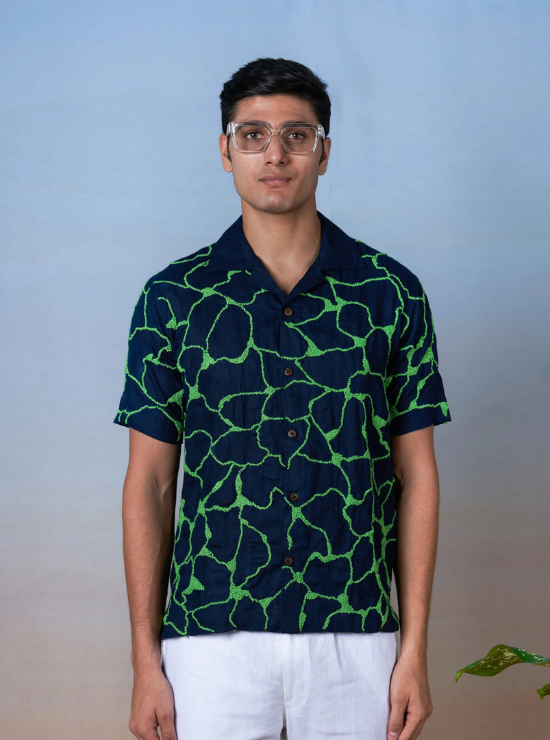 Emerald Wave - Hand Embroidered Unisex Linen Shirt