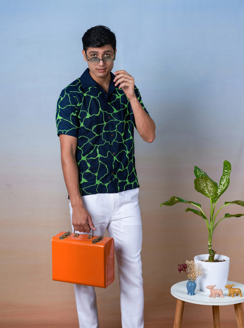 Emerald Wave - Hand Embroidered Unisex Linen Shirt