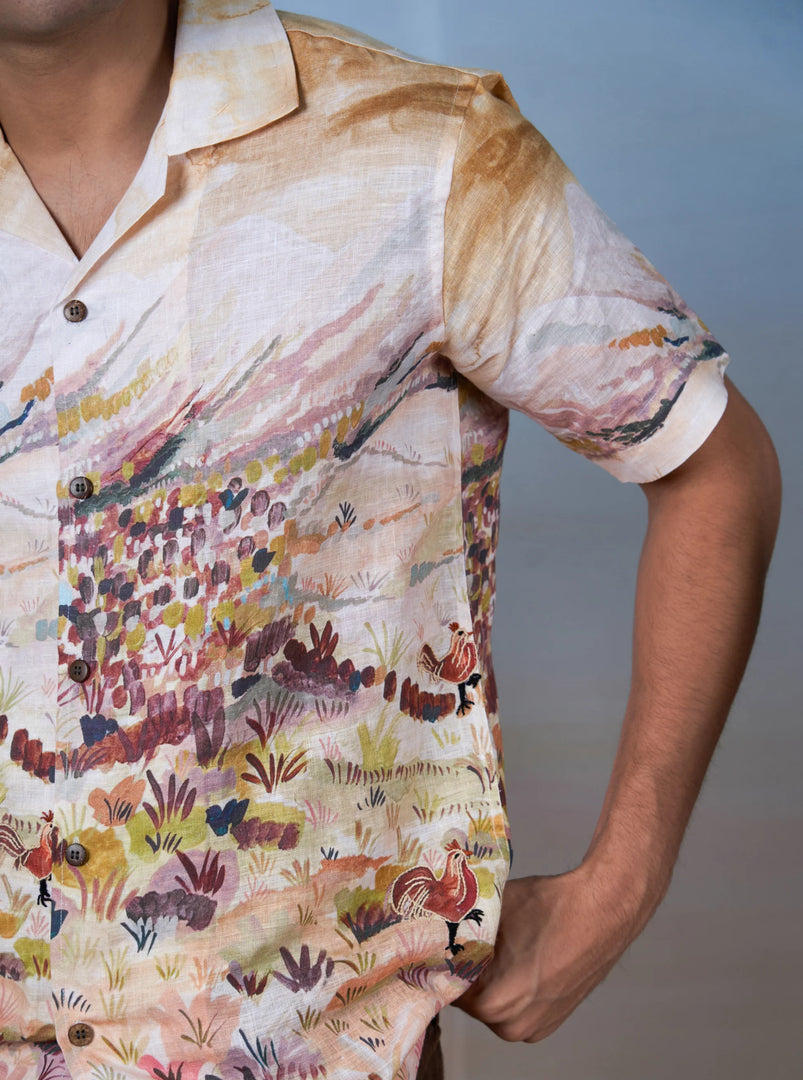 Rooster Meadow Yellow - The Cultura Earth-Toned Linen Shirt – Art, Craft, and Comfort