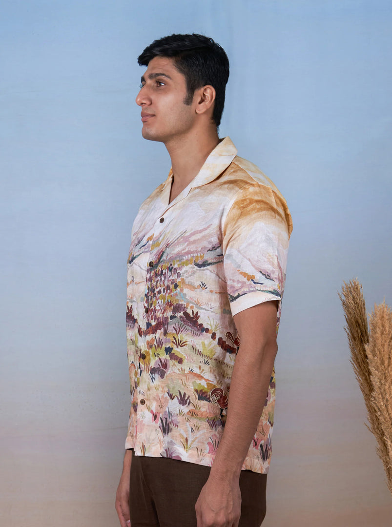 Rooster Meadow Yellow - The Cultura Earth-Toned Linen Shirt – Art, Craft, and Comfort