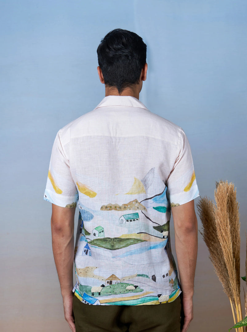 Grazing Sheep Yellow - Hand Embroidered Unisex Printed Linen Shirt