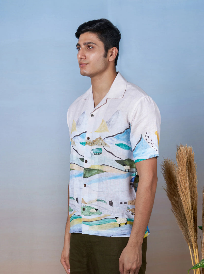 Grazing Sheep Yellow - Hand Embroidered Unisex Printed Linen Shirt