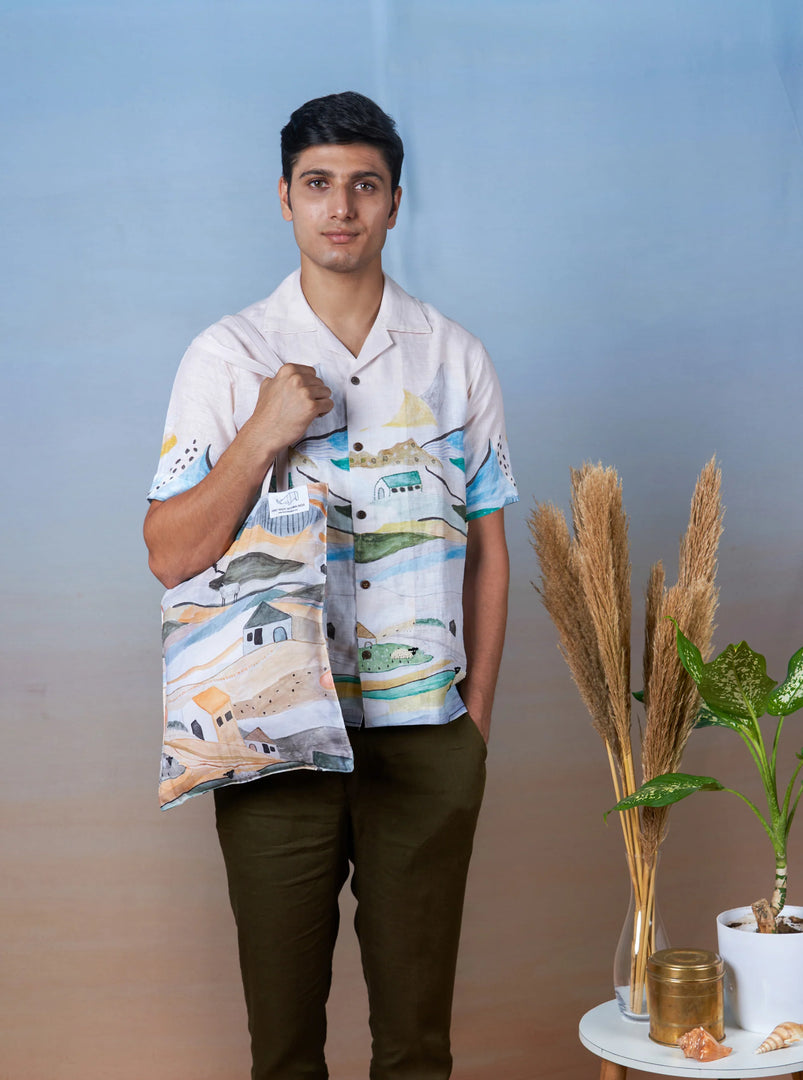 Grazing Sheep Yellow - Hand Embroidered Unisex Printed Linen Shirt