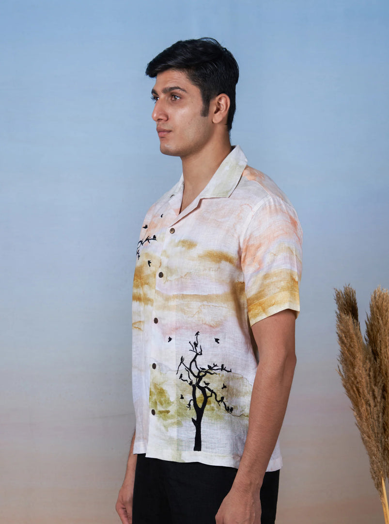 Whispering Branches - Hand Embroidered Unisex Printed Linen Shirt