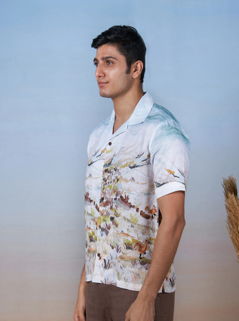 Rooster Meadow Blue - The Cultura Earth-Toned Linen Shirt – Art, Craft, and Comfort