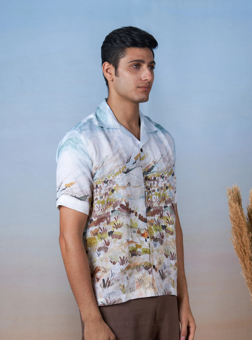 Rooster Meadow Blue - The Cultura Earth-Toned Linen Shirt – Art, Craft, and Comfort