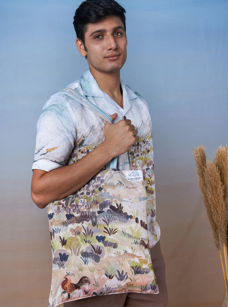Rooster Meadow Blue - The Cultura Earth-Toned Linen Shirt – Art, Craft, and Comfort