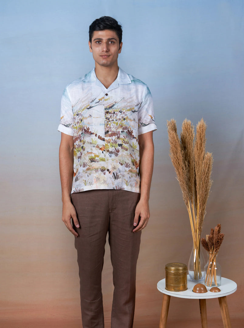 Rooster Meadow Blue - The Cultura Earth-Toned Linen Shirt – Art, Craft, and Comfort