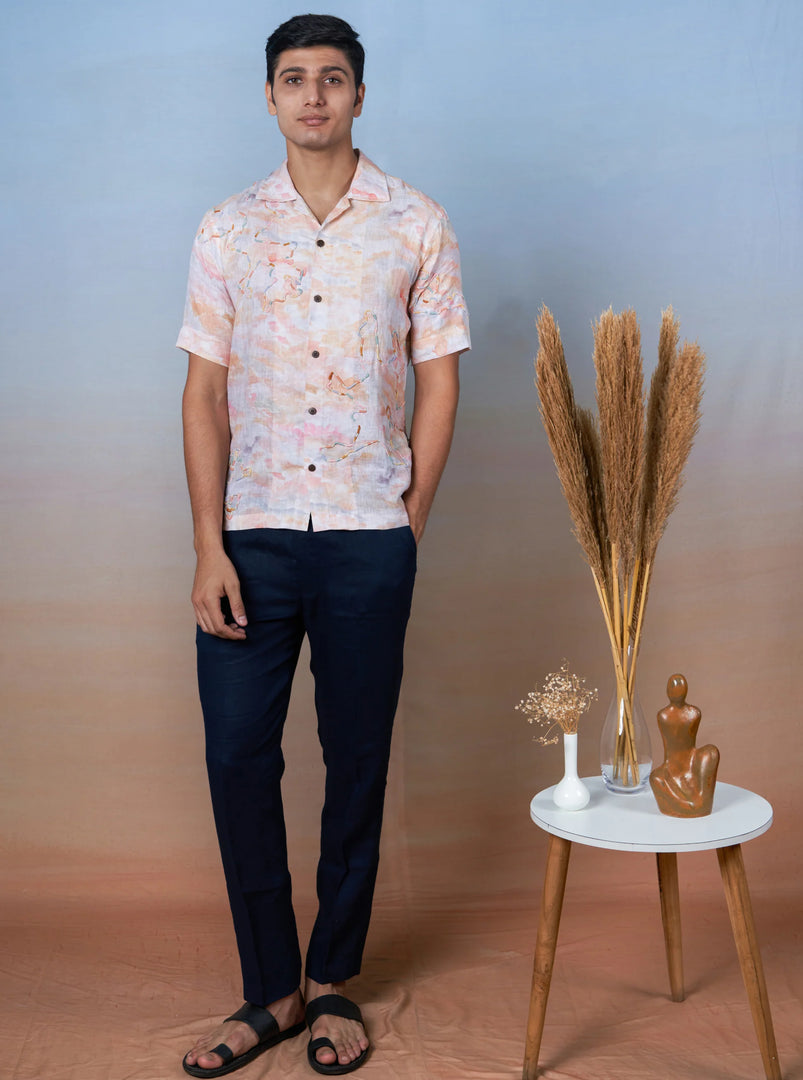 Whimsical Waves - Hand Embroidered Unisex Printed Linen Shirt