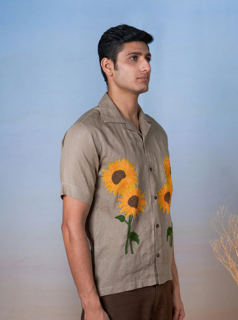 Sunflower Bliss - Hand Embroidered Unisex Linen Shirt