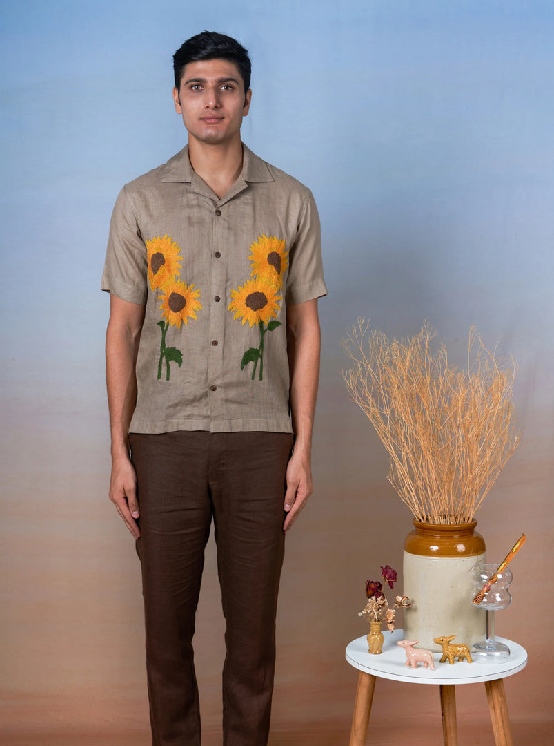 Sunflower Bliss - Hand Embroidered Unisex Linen Shirt