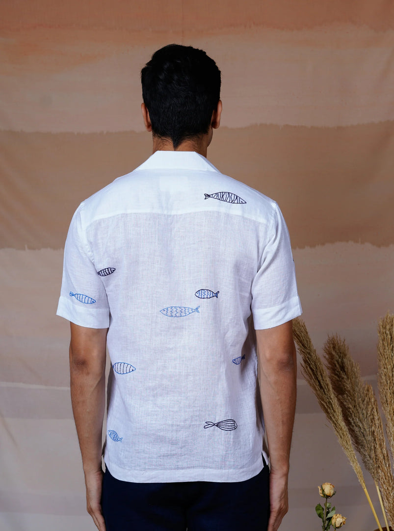 Ocean Drift - Hand Embroidered Unisex Linen Shirt