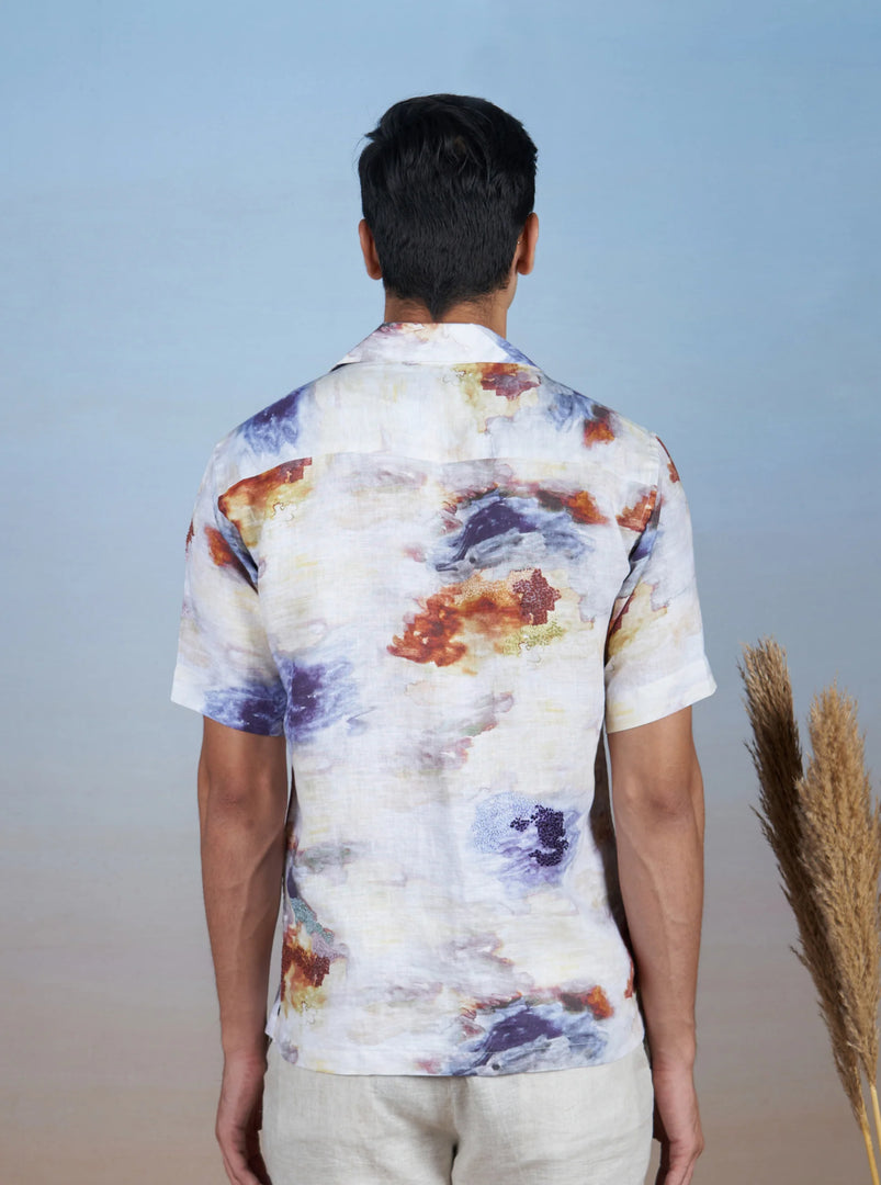 Nebula Nights - Hand Embroidered Unisex Printed Linen Shirt