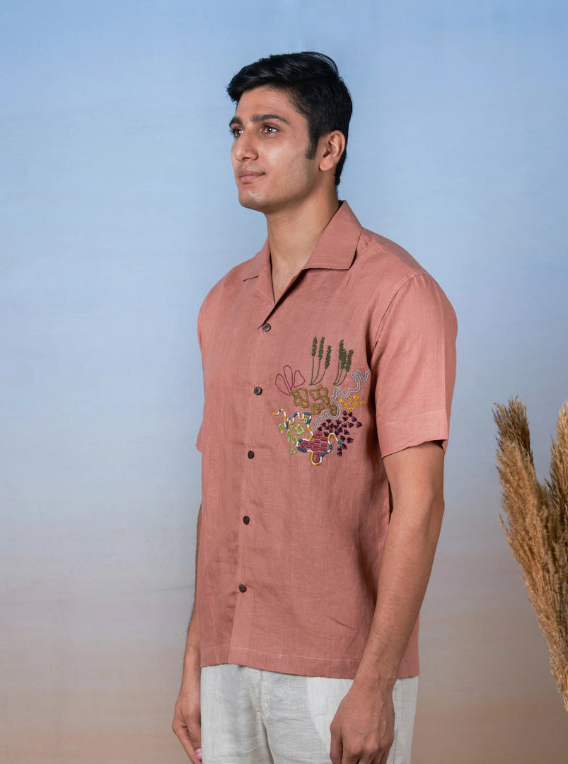 Terracotta Bloom - Hand Embroidered Unisex Linen Shirt