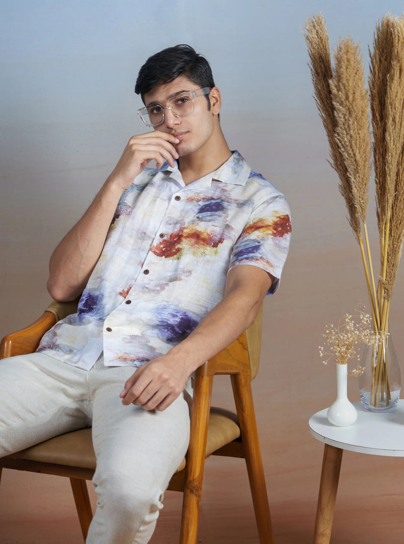 Nebula Nights - Hand Embroidered Unisex Printed Linen Shirt