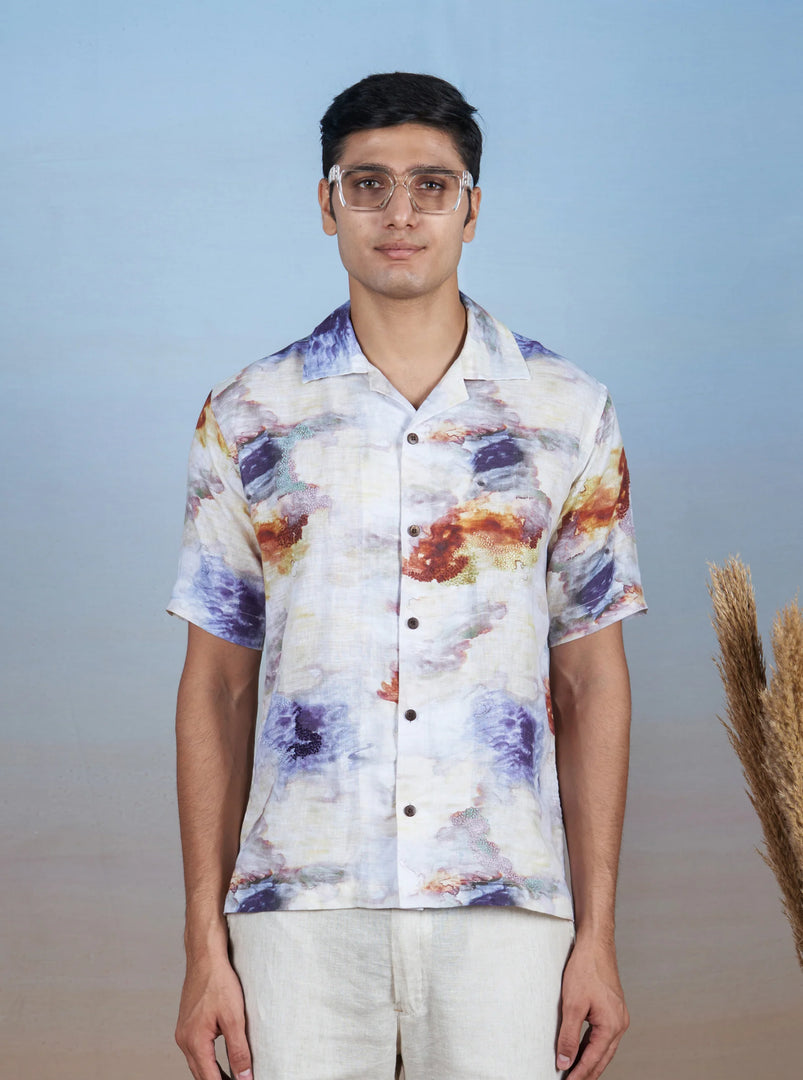 Nebula Nights - Hand Embroidered Unisex Printed Linen Shirt