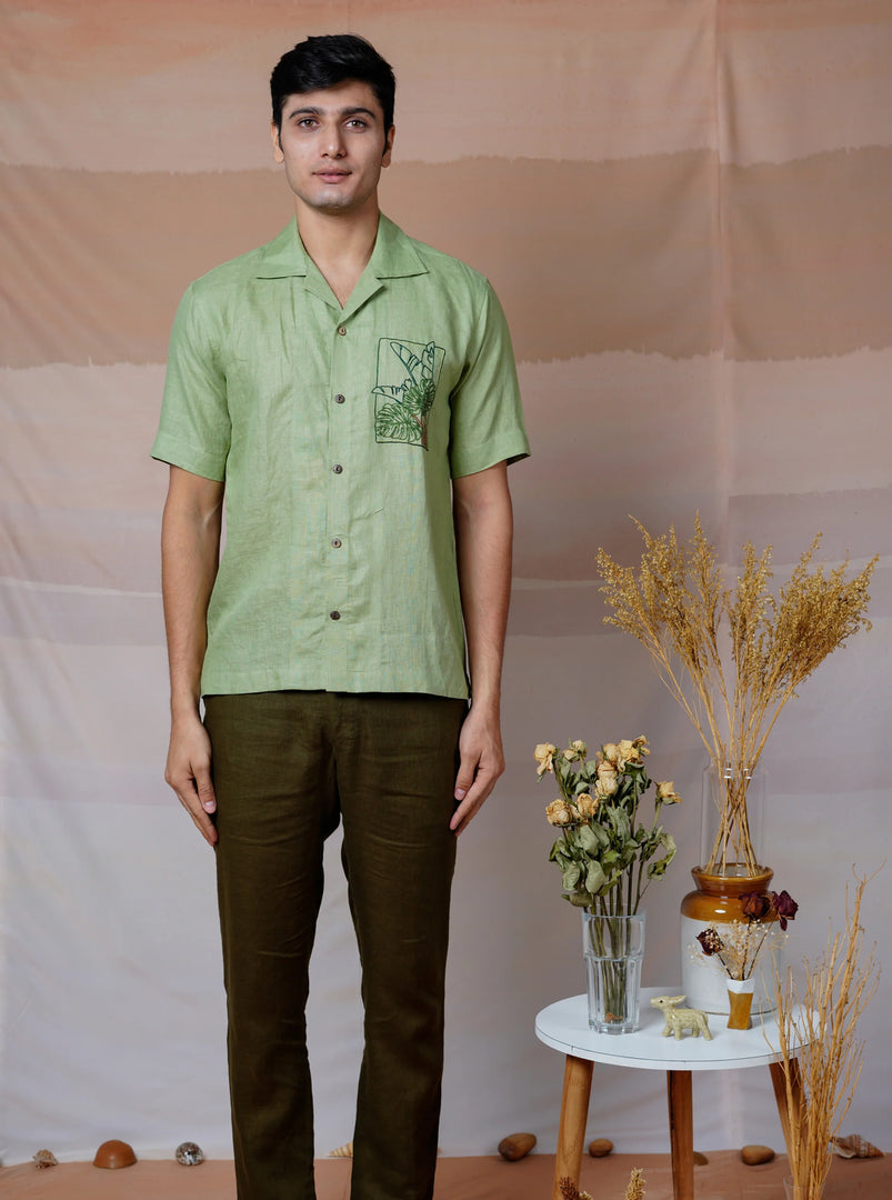Tropical Leaf - Hand Embroidered Unisex Linen Shirt