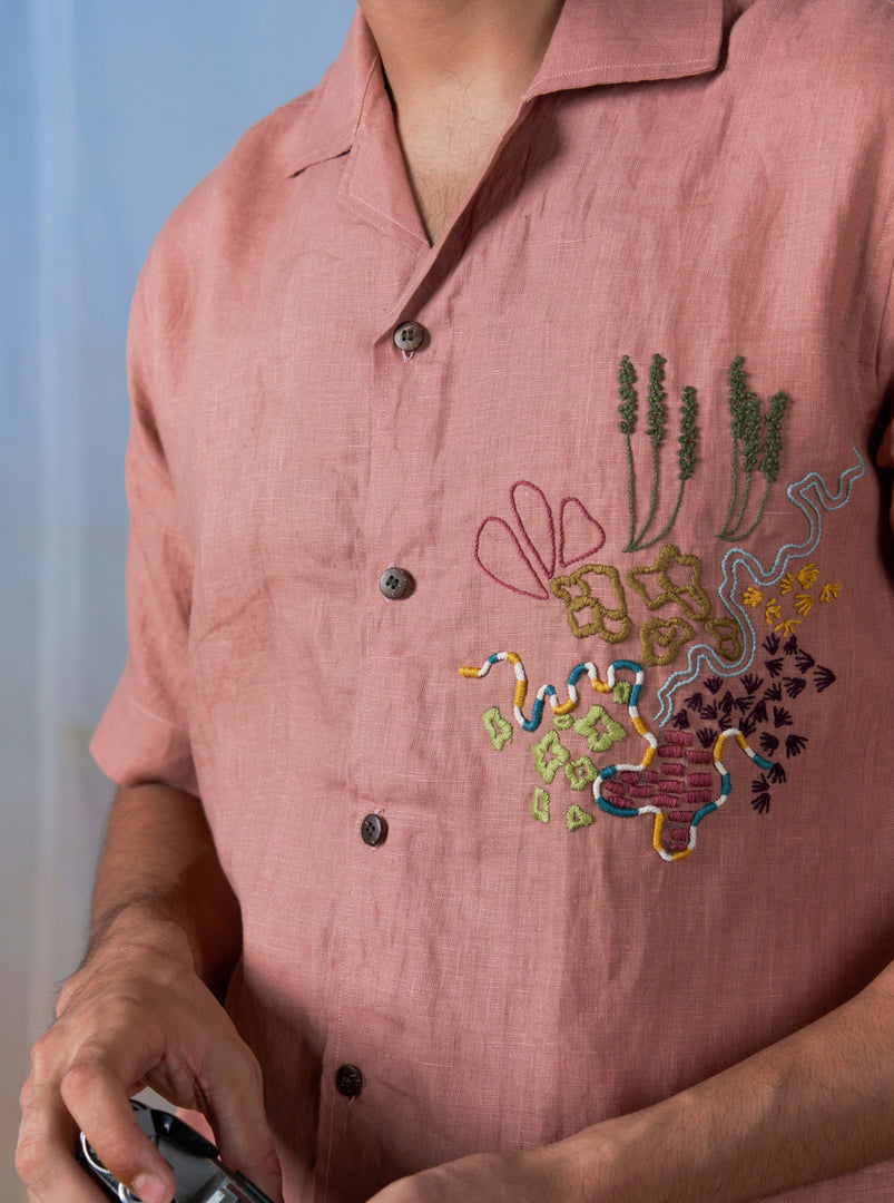 Terracotta Bloom - Hand Embroidered Unisex Linen Shirt