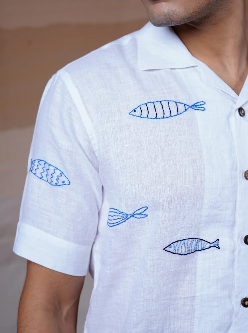 Ocean Drift - Hand Embroidered Unisex Linen Shirt