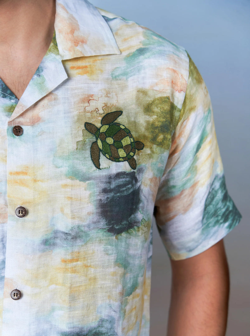 Turtle Tides - Hand Embroidered Unisex Printed Linen Shirt