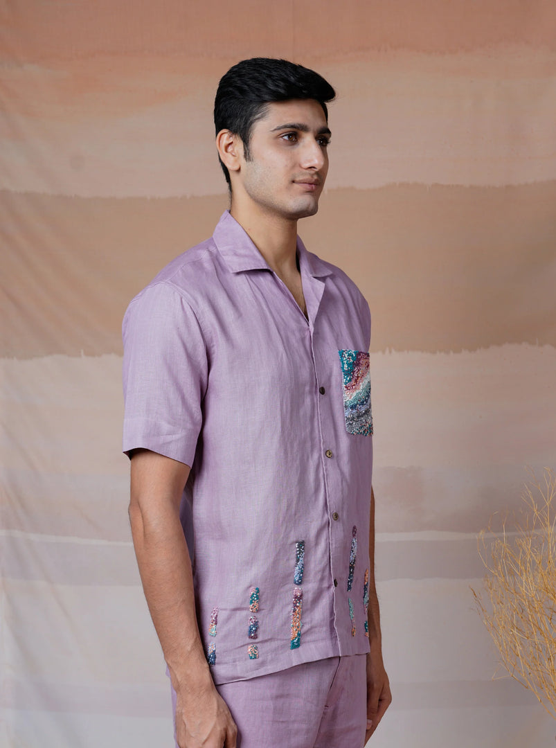Lilac Ascent - Hand Embroidered Unisex Linen Shirt