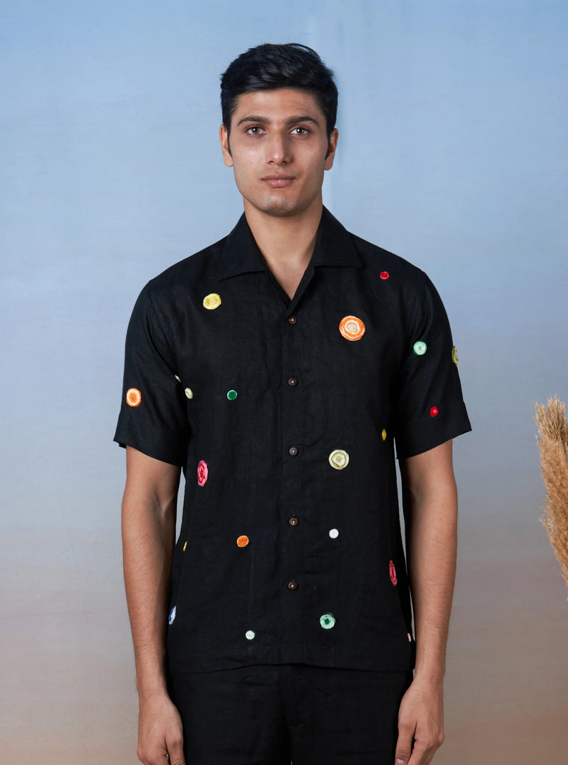 Retro Spots - Hand Embroidered Unisex Linen Shirt