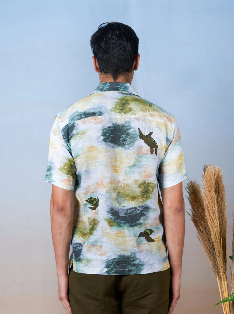 Turtle Tides - Hand Embroidered Unisex Printed Linen Shirt