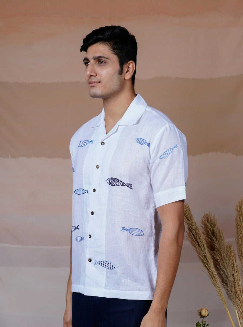 Ocean Drift - Hand Embroidered Unisex Linen Shirt