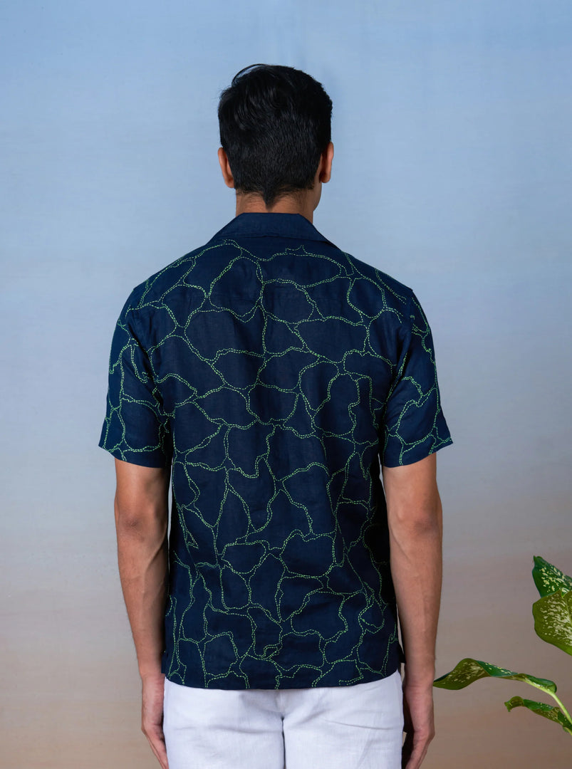 Green Veins - Hand Embroidered Unisex Printed Linen Shirt