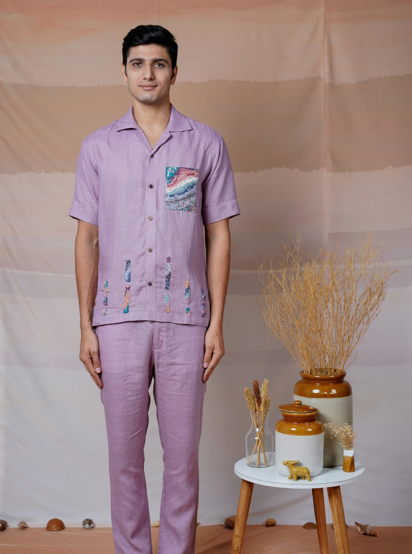 Lilac Ascent - Hand Embroidered Unisex Linen Shirt