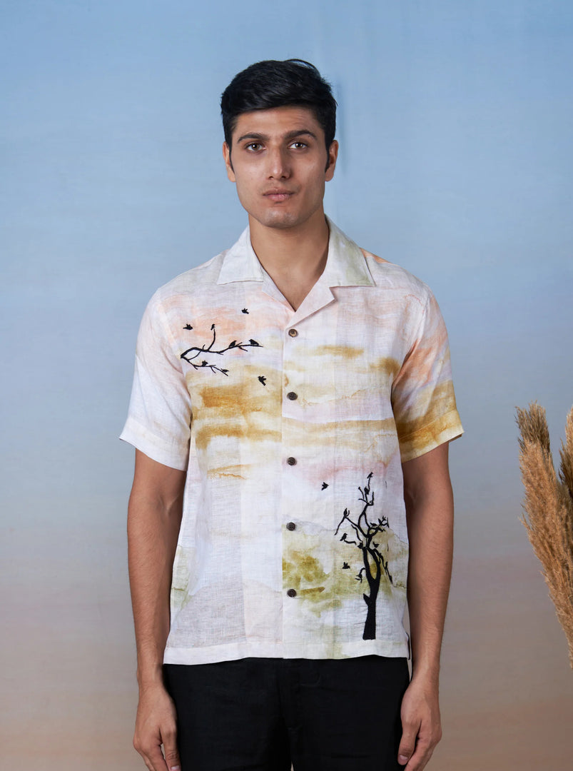 Whispering Branches - Hand Embroidered Unisex Printed Linen Shirt