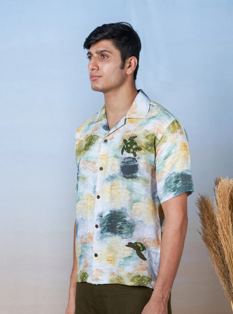 Turtle Tides - Hand Embroidered Unisex Printed Linen Shirt