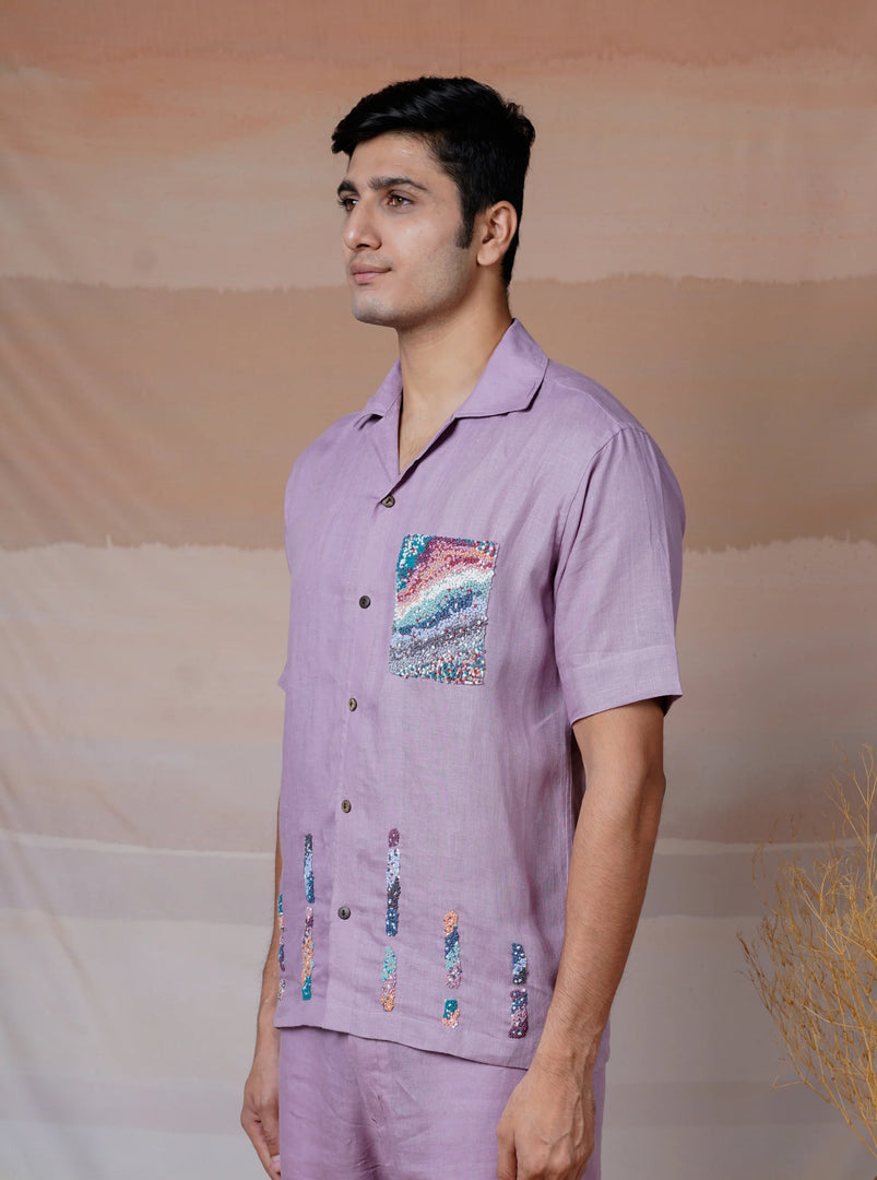 Lilac Ascent - Hand Embroidered Unisex Linen Shirt