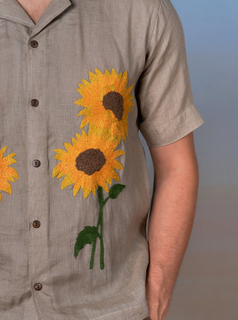 Sunflower Bliss - Hand Embroidered Unisex Linen Shirt