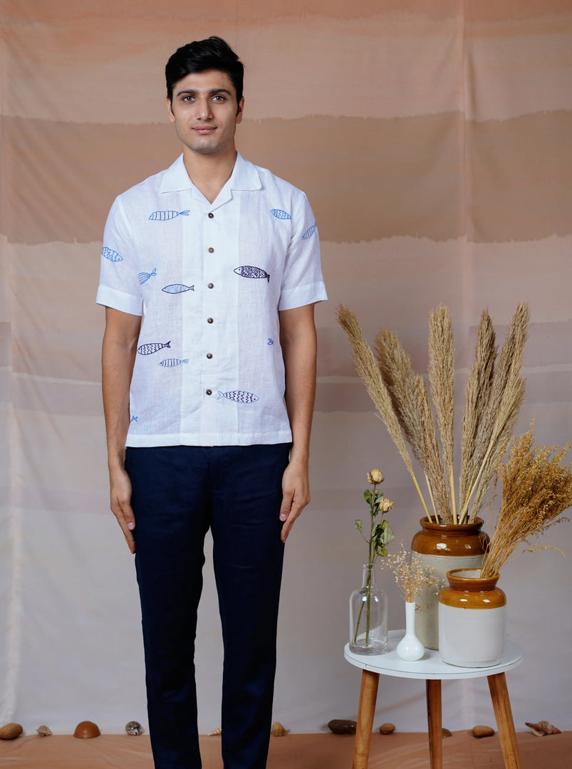 Ocean Drift - Hand Embroidered Unisex Linen Shirt