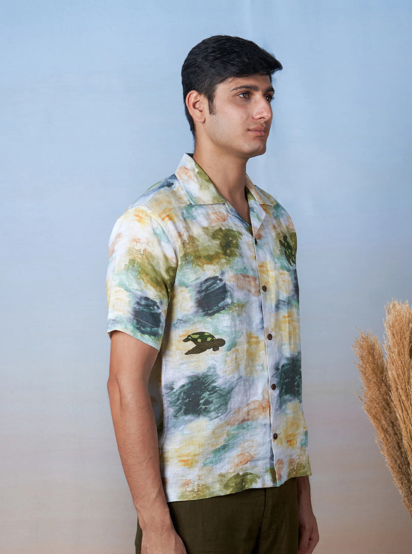 Turtle Tides - Hand Embroidered Unisex Printed Linen Shirt