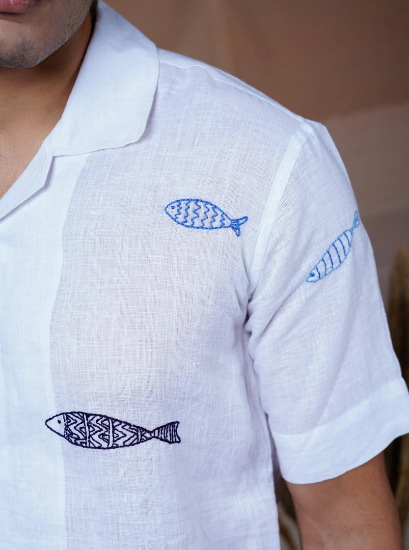 Ocean Drift - Hand Embroidered Unisex Linen Shirt