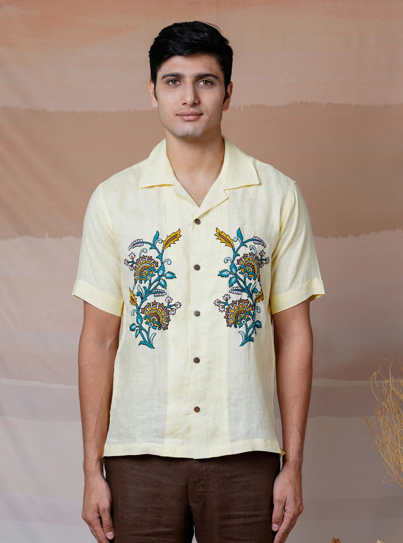 Vintage Petals - Hand Embroidered Unisex Linen Shirt